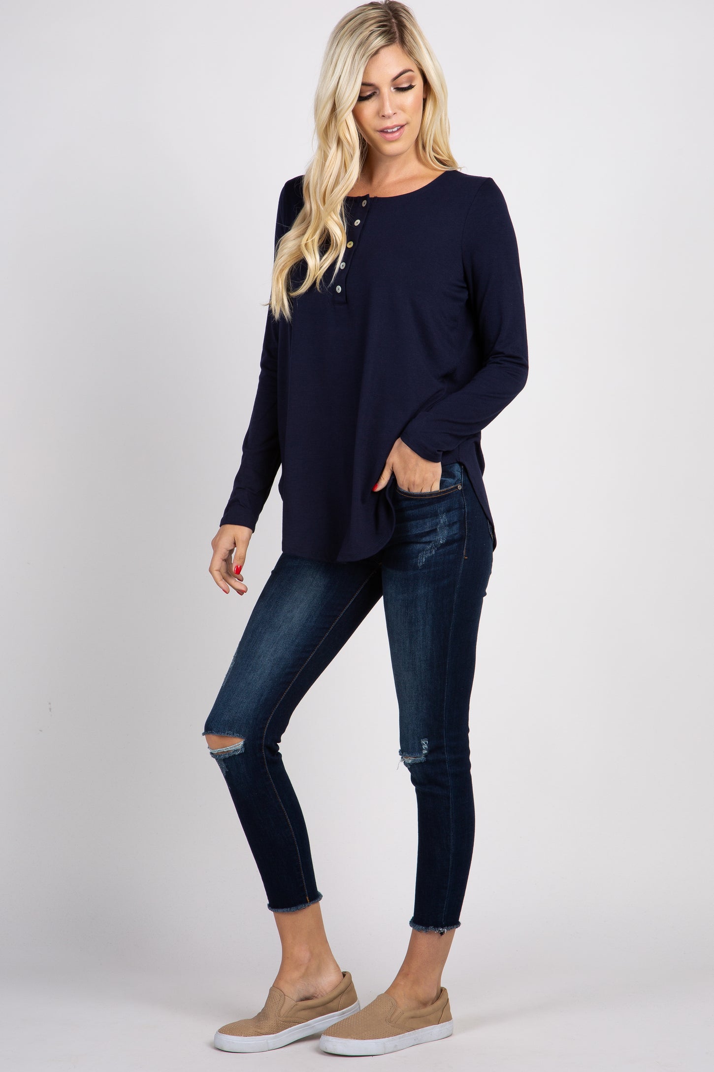Navy Solid Button Accent Long Sleeve Top