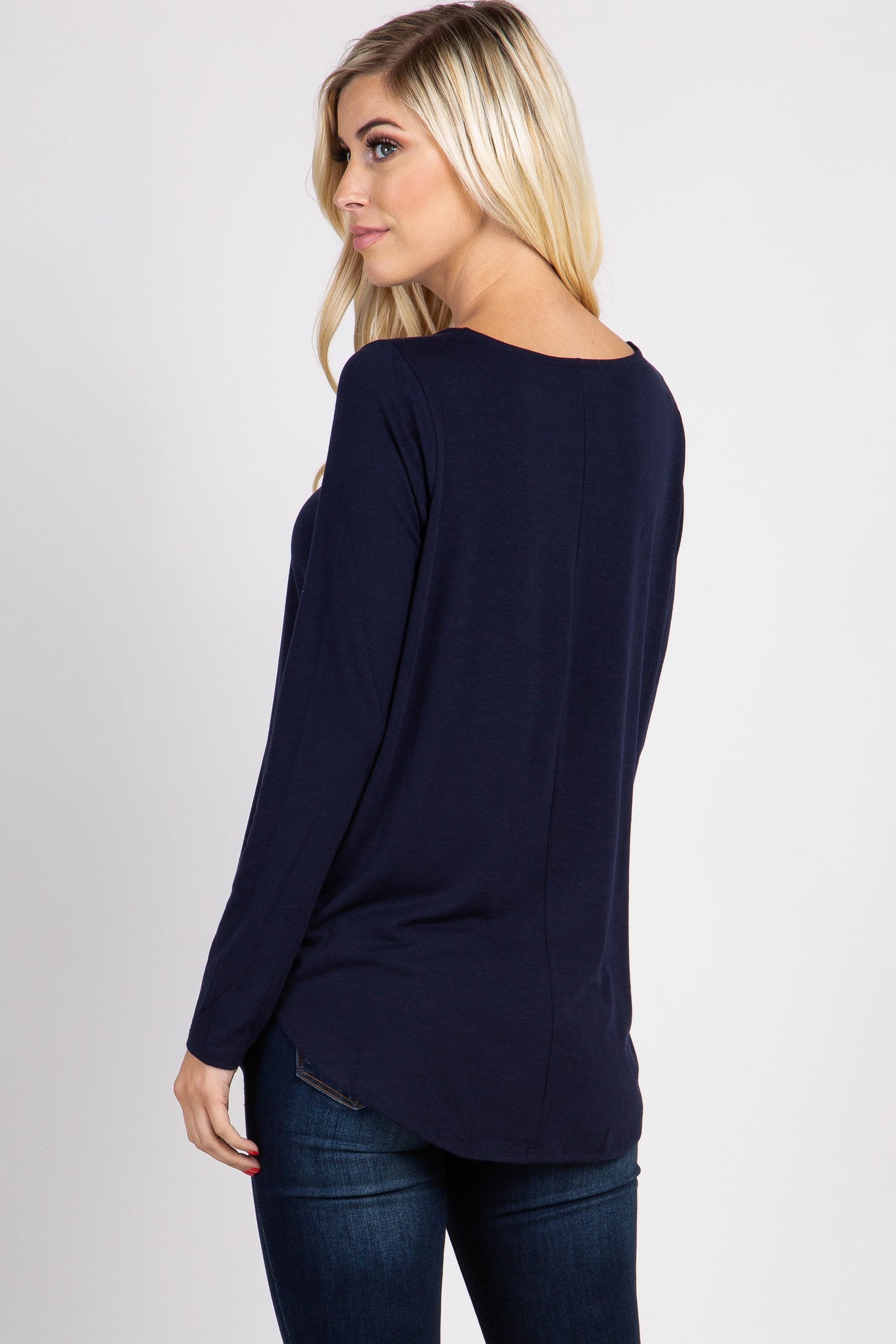 Navy Solid Button Accent Long Sleeve Top