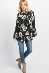 Green Floral Cowl Neck Ruffle Sleeve Top