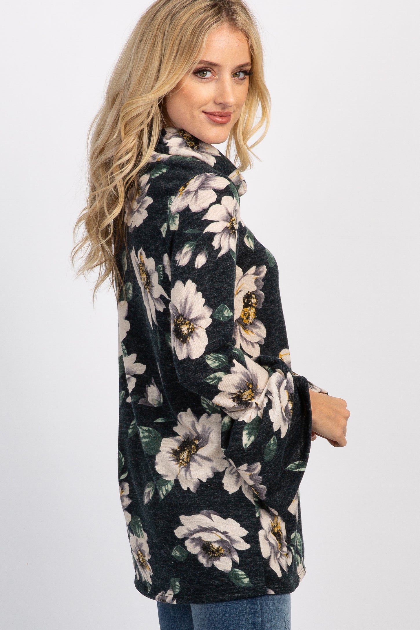Green Floral Cowl Neck Ruffle Sleeve Top