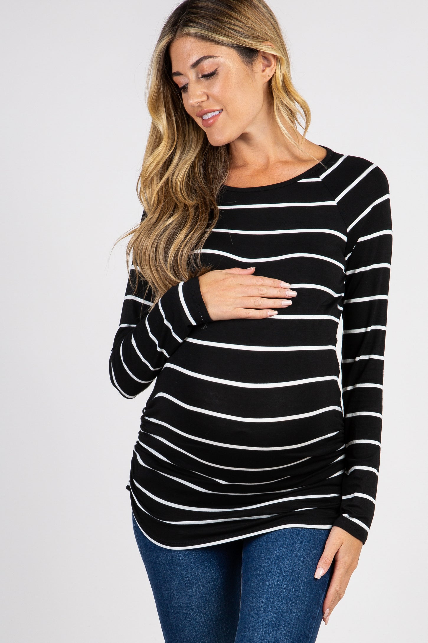 Black Striped Ruched Maternity Top– PinkBlush