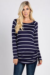 Navy Striped Ruched Top