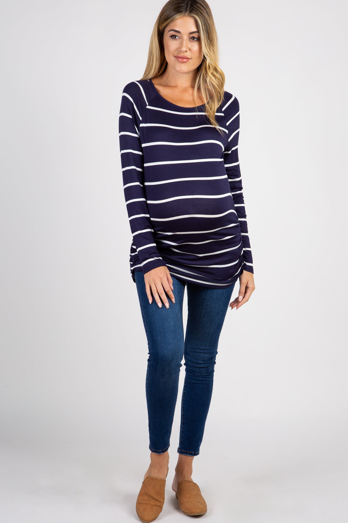 Navy Striped Ruched Maternity Top