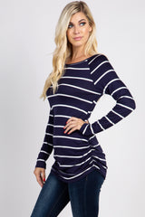 Navy Striped Ruched Top