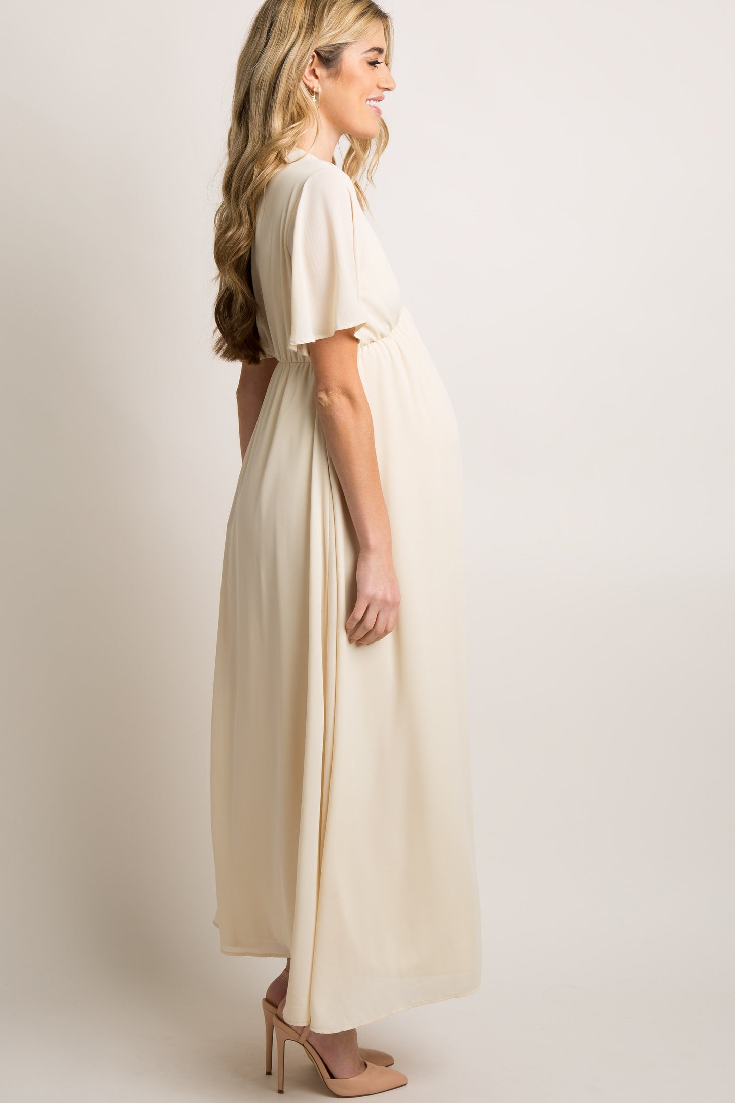 Tall Ivory Chiffon Bell Sleeve Maternity Maxi Dress