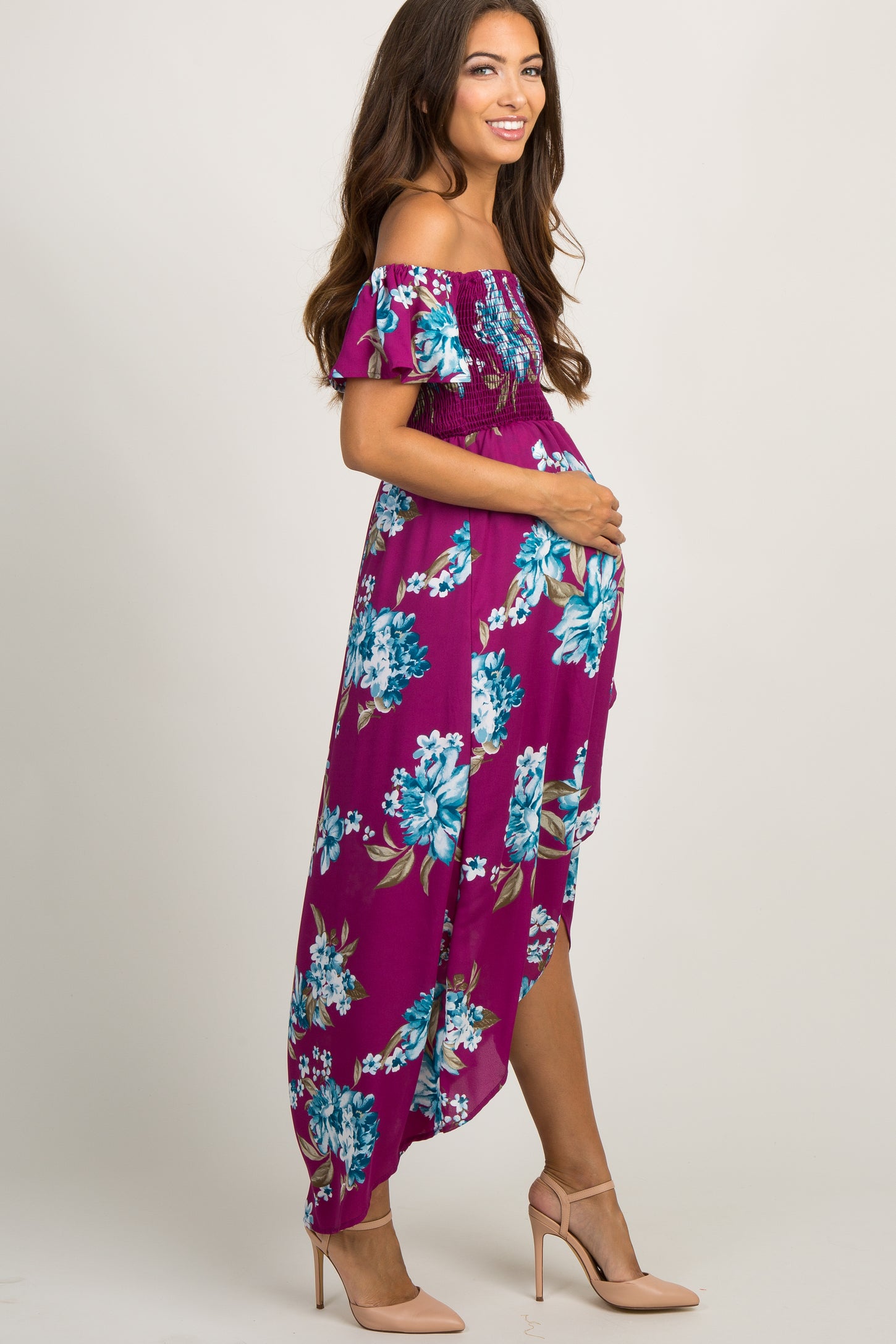 Purple Floral Off Shoulder Smocked Wrap Maternity Dress