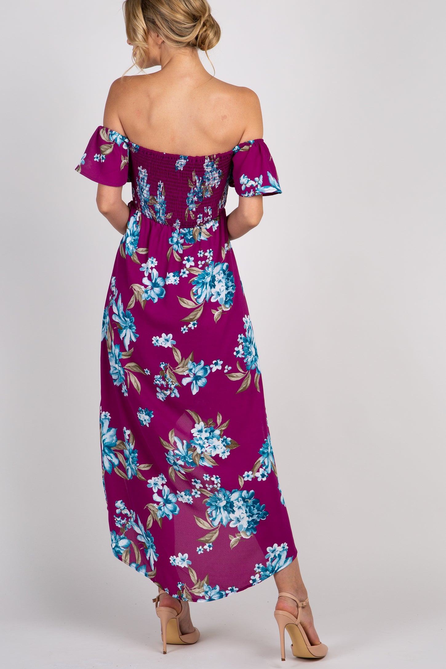Purple Floral Off Shoulder Smocked Wrap Dress