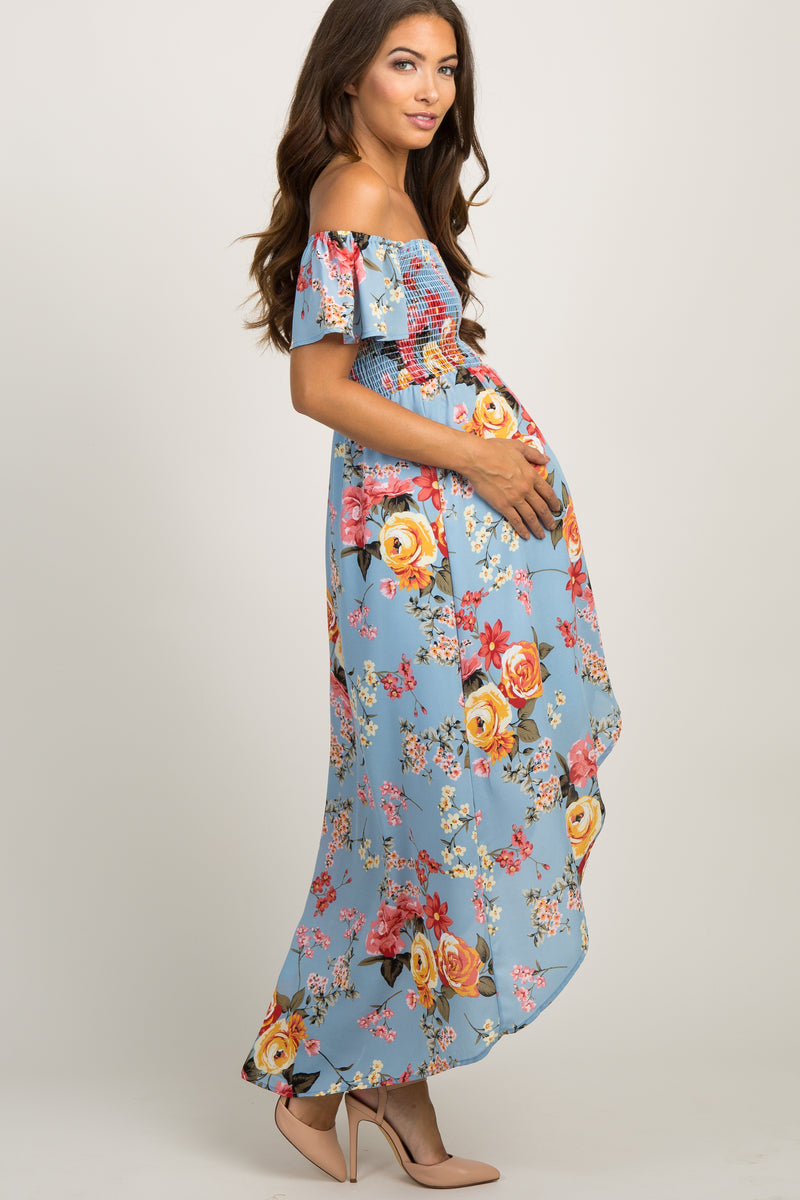 Light Blue Floral Off Shoulder Smocked Maternity Wrap Dress– PinkBlush