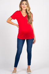 Red Basic V-Neck Maternity Top
