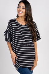 Black Striped Flounce Sleeve Maternity Top