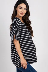 Black Striped Flounce Sleeve Maternity Top