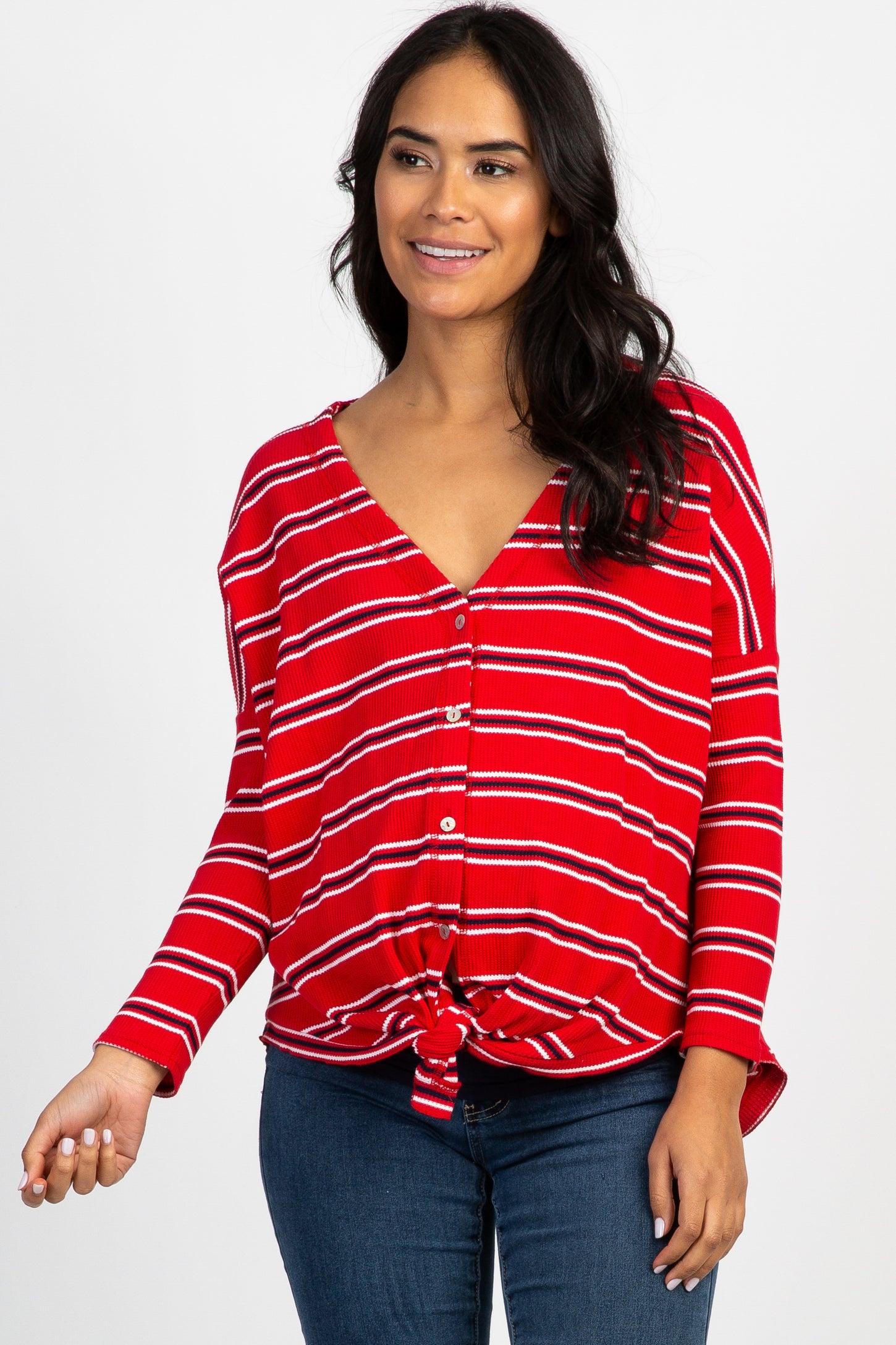 Red Striped Button Down Front Tie Maternity Top