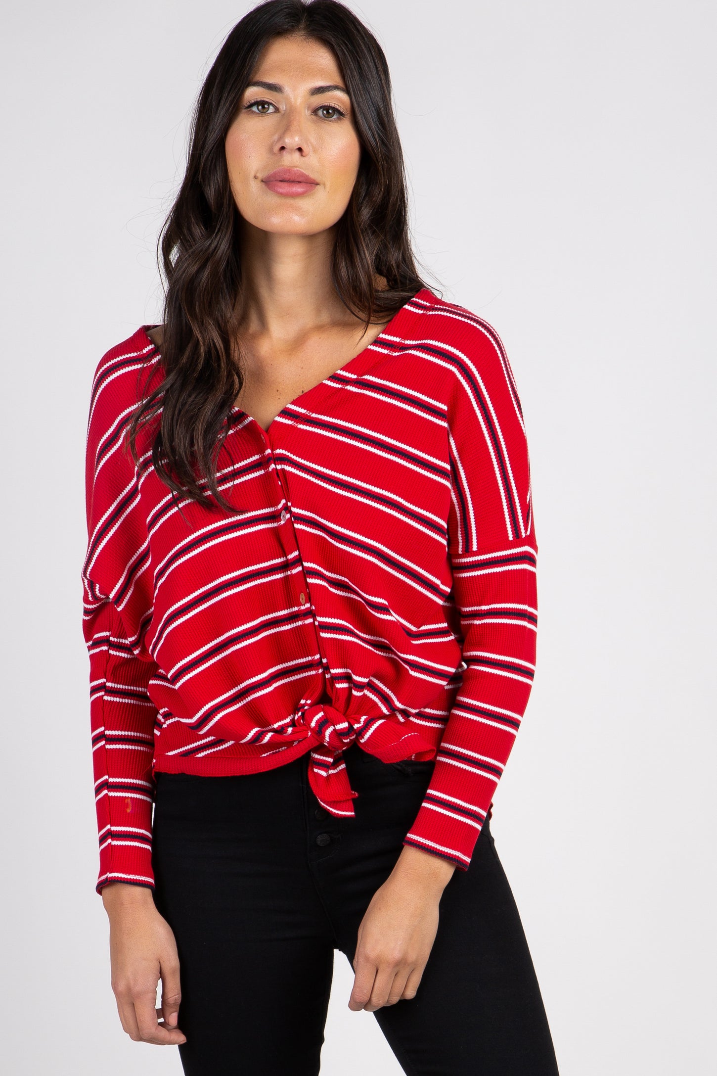 Red Striped Button Down Front Tie Top