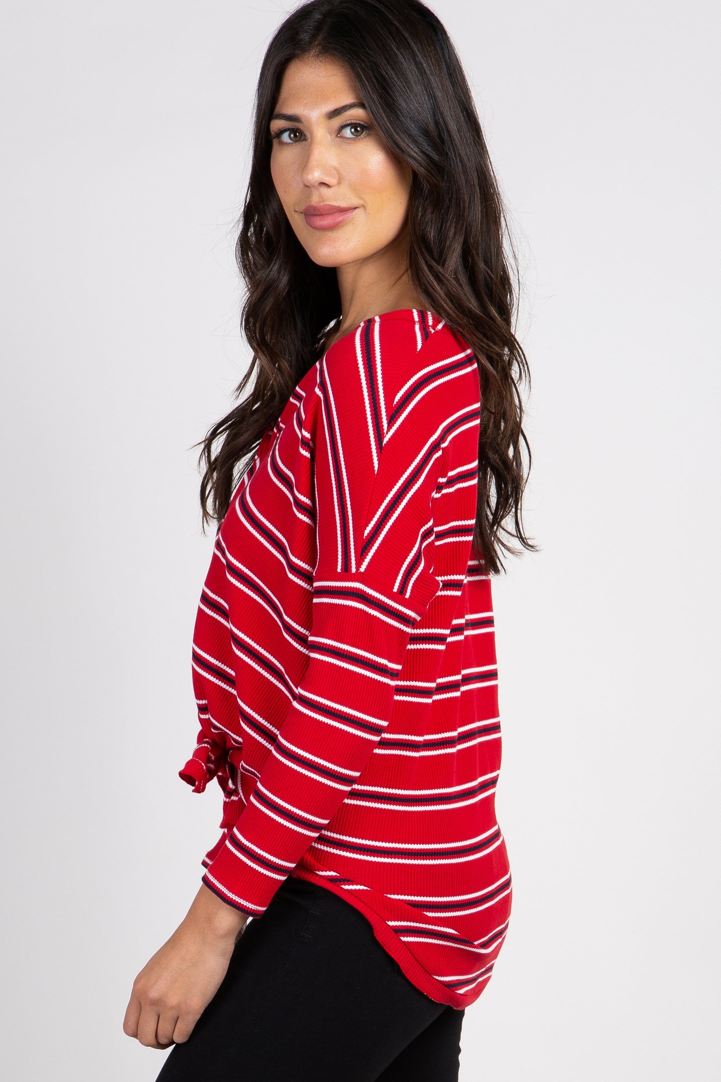 Red Striped Button Down Front Tie Top