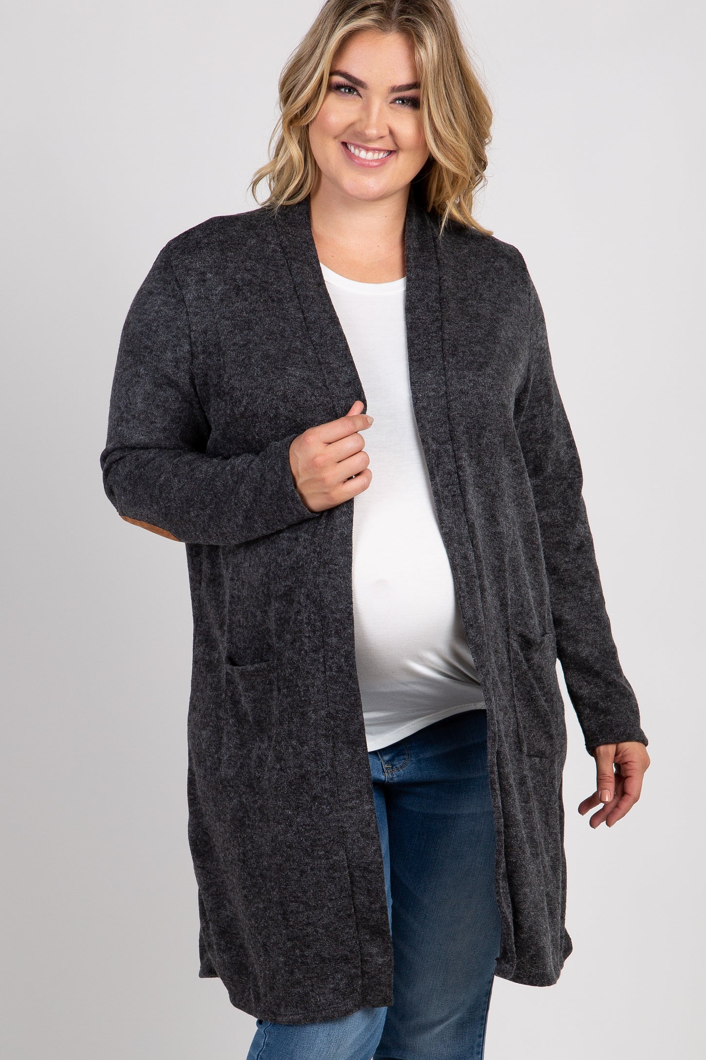 Heather Grey Striped Elbow Patch Knit Maternity Sweater– PinkBlush
