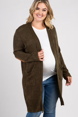 Olive Knit Elbow Patch Maternity Plus Cardigan