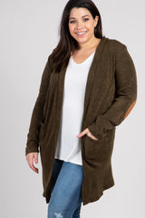 Olive Solid Knit Elbow Patch Plus Cardigan