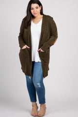 Olive Solid Knit Elbow Patch Plus Cardigan
