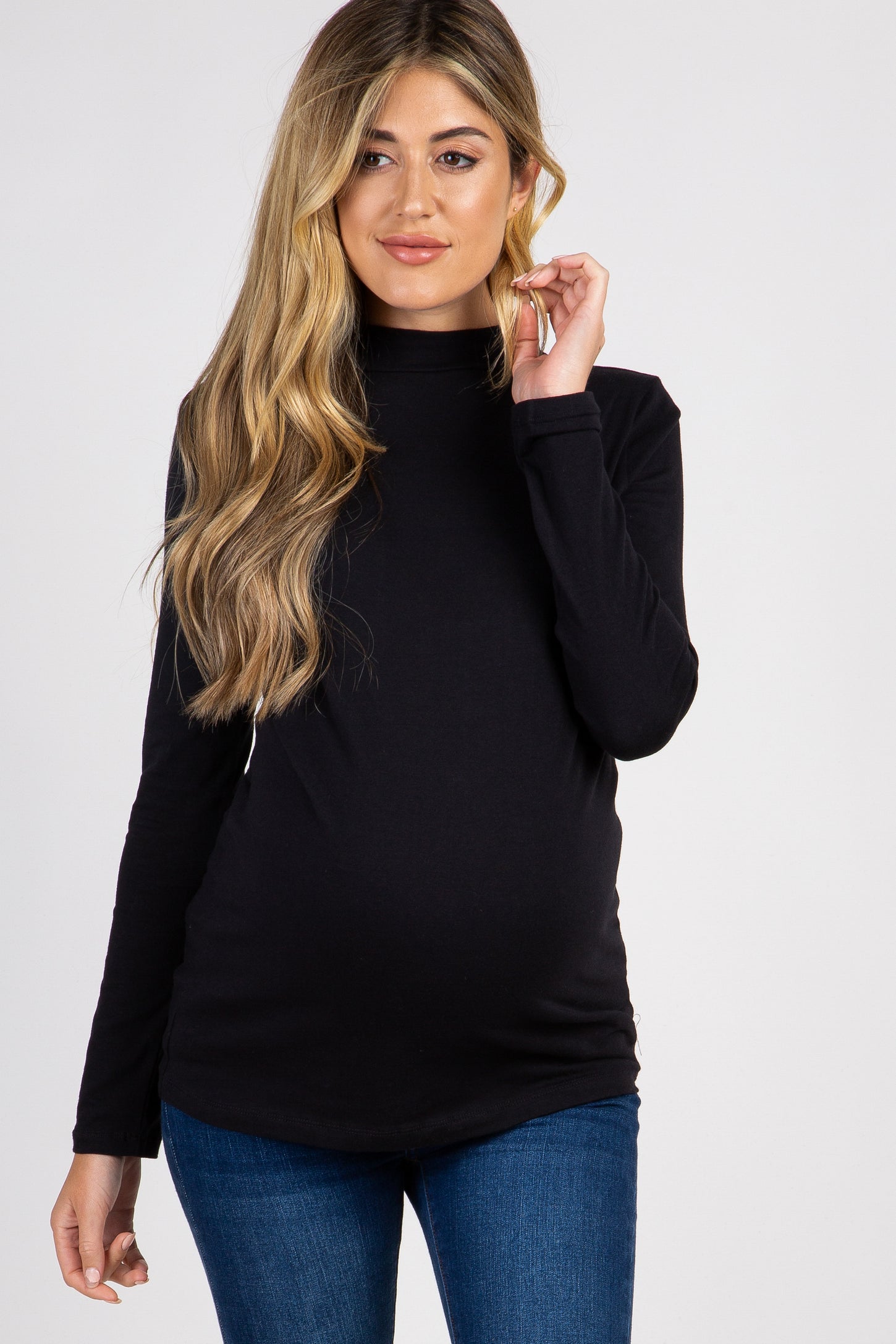 Black Solid Long Sleeve Mock Neck Maternity Top