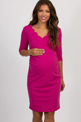 PinkBlush Magenta Solid Scalloped Trim Fitted Maternity Dress