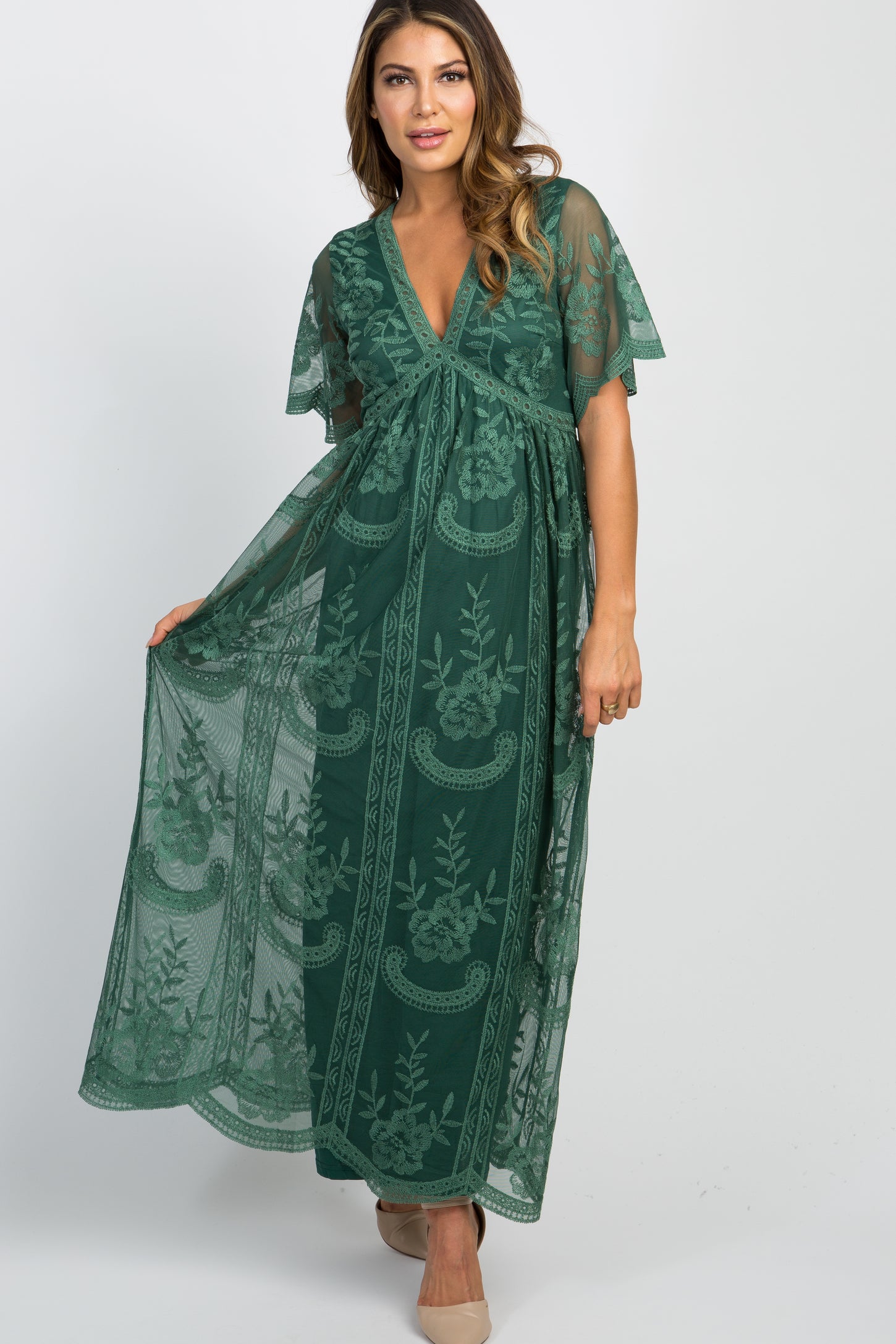 Teal Green Lace Mesh Overlay Maxi Dress