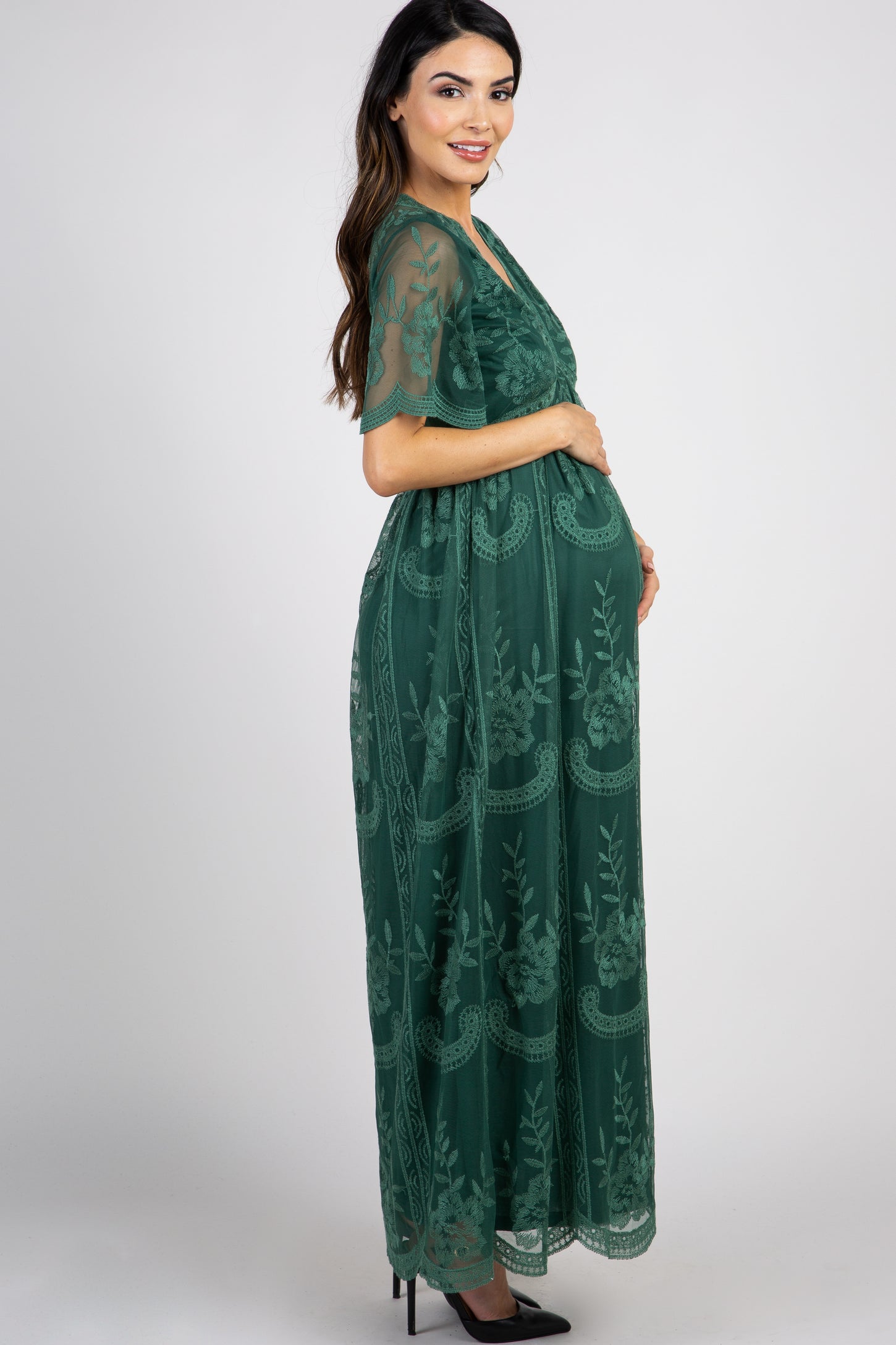 teal lace maternity dress Teal Green Lace Mesh Overlay Maternity Maxi Dress