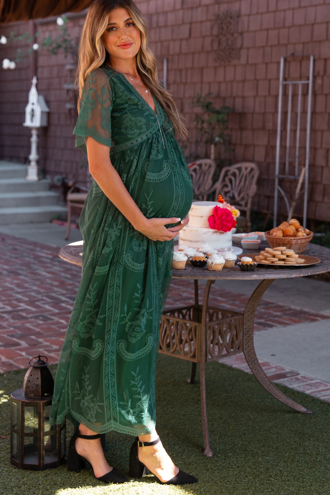 Teal Green Lace Mesh Overlay Maternity Maxi Dress PinkBlush Teal Green Lace Mesh Overlay Maternity Maxi Dress PinkBlush
