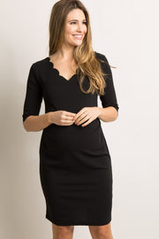 PinkBlush Tall Black Solid Scalloped Trim Fitted Maternity Dress
