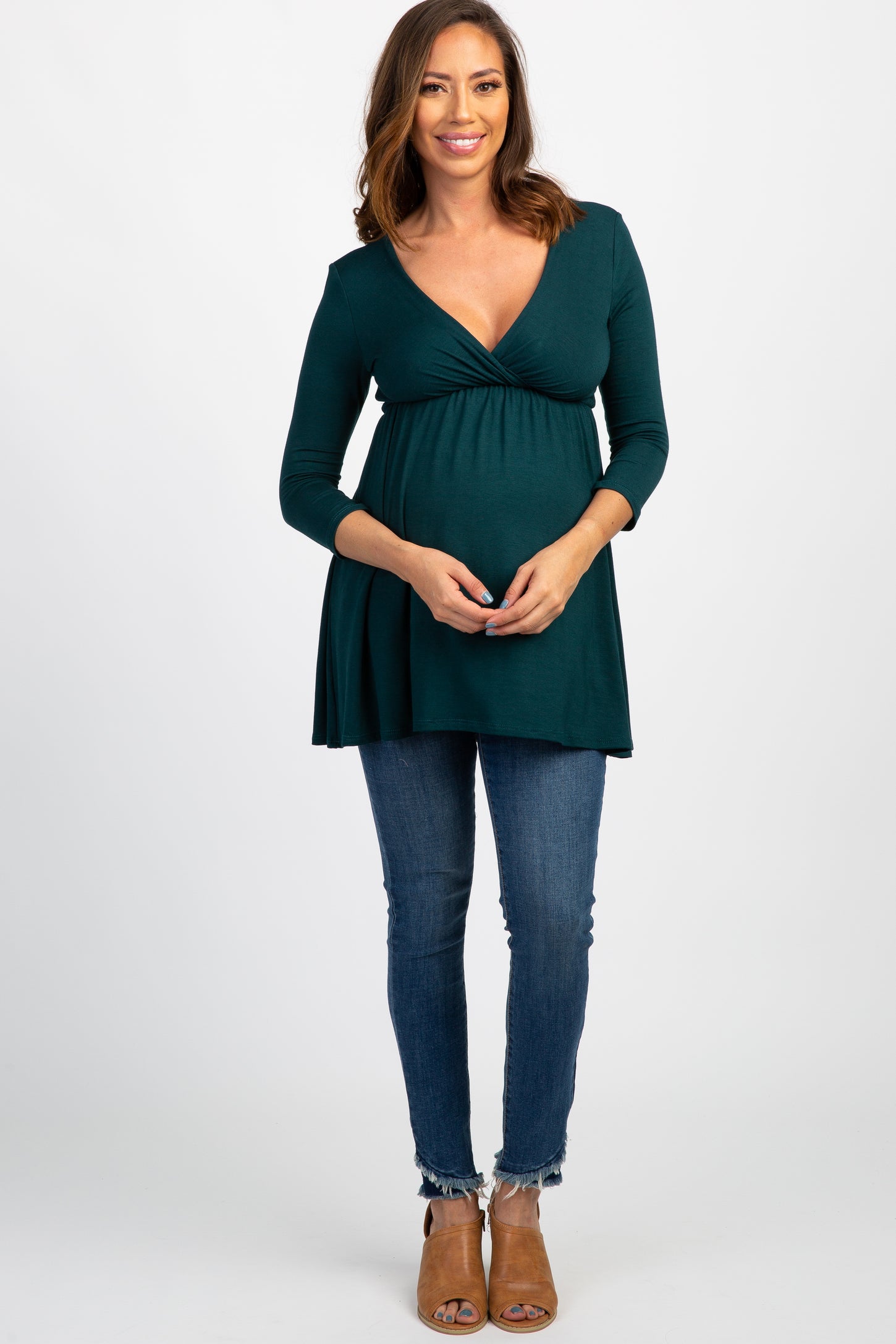 PinkBlush Forest Green Draped Front 3/4 Sleeve Maternity/Nursing Top