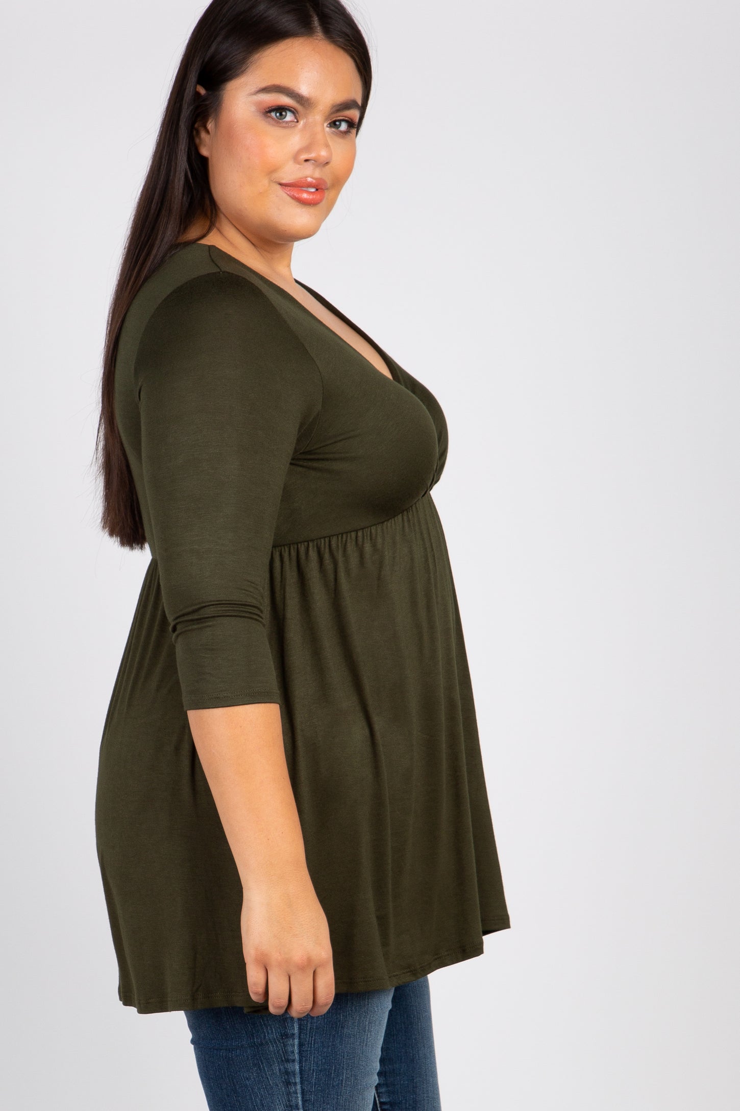 Olive Green Draped Front 3/4 Sleeve Nursing Plus Top