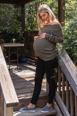 Olive Heather Knit Off Shoulder Maternity Top