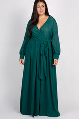 Green Chiffon Long Sleeve Pleated Plus Maxi Dress