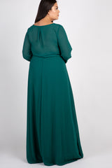 Green Chiffon Long Sleeve Pleated Plus Maxi Dress