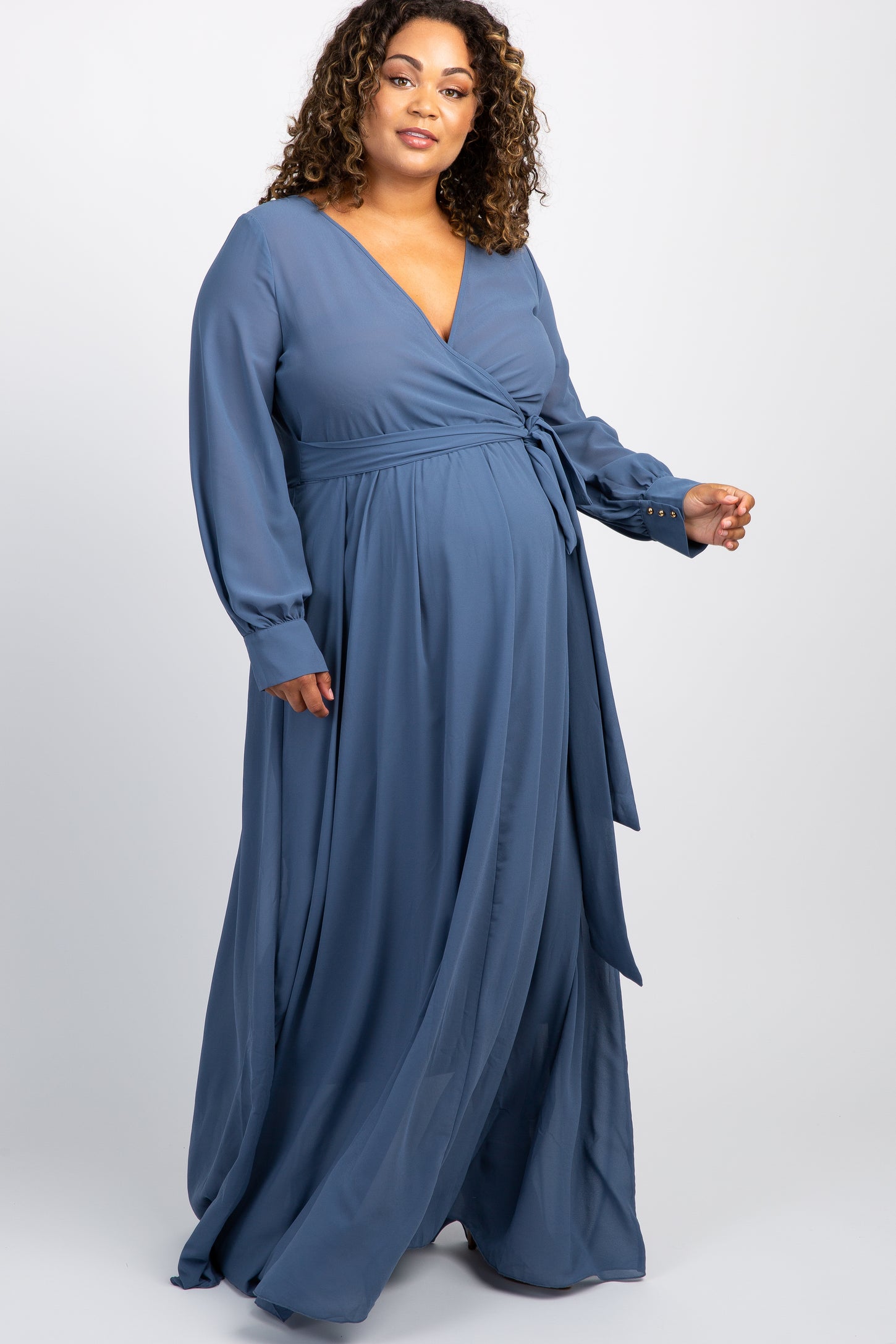 Blue Chiffon Long Sleeve Pleated Plus Maternity Maxi Dress PinkBlush Blue Chiffon Long Sleeve Pleated Plus Maternity Maxi Dress PinkBlush