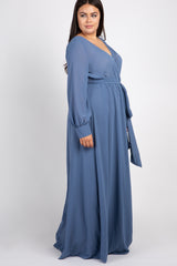 Blue Chiffon Long Sleeve Pleated Plus Maxi Dress