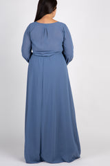 Blue Chiffon Long Sleeve Pleated Plus Maxi Dress