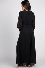 PinkBlush Black Chiffon Long Sleeve Pleated Maxi Dress