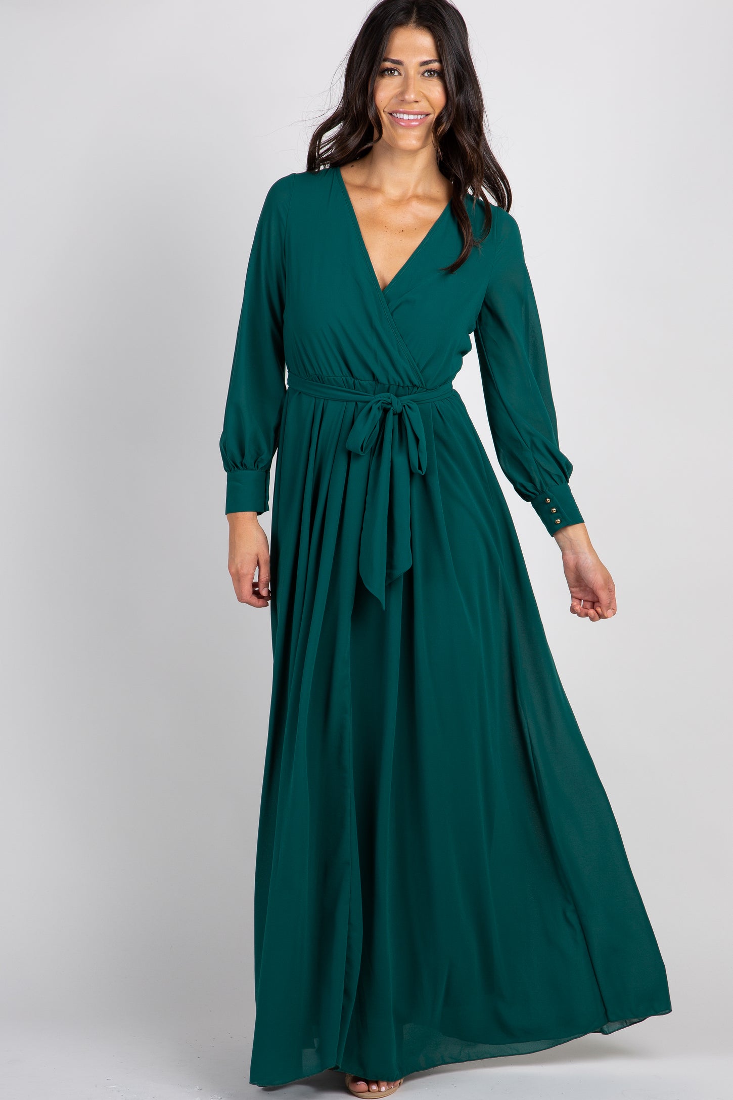 Green Chiffon Long Sleeve Pleated Maxi Dress– PinkBlush
