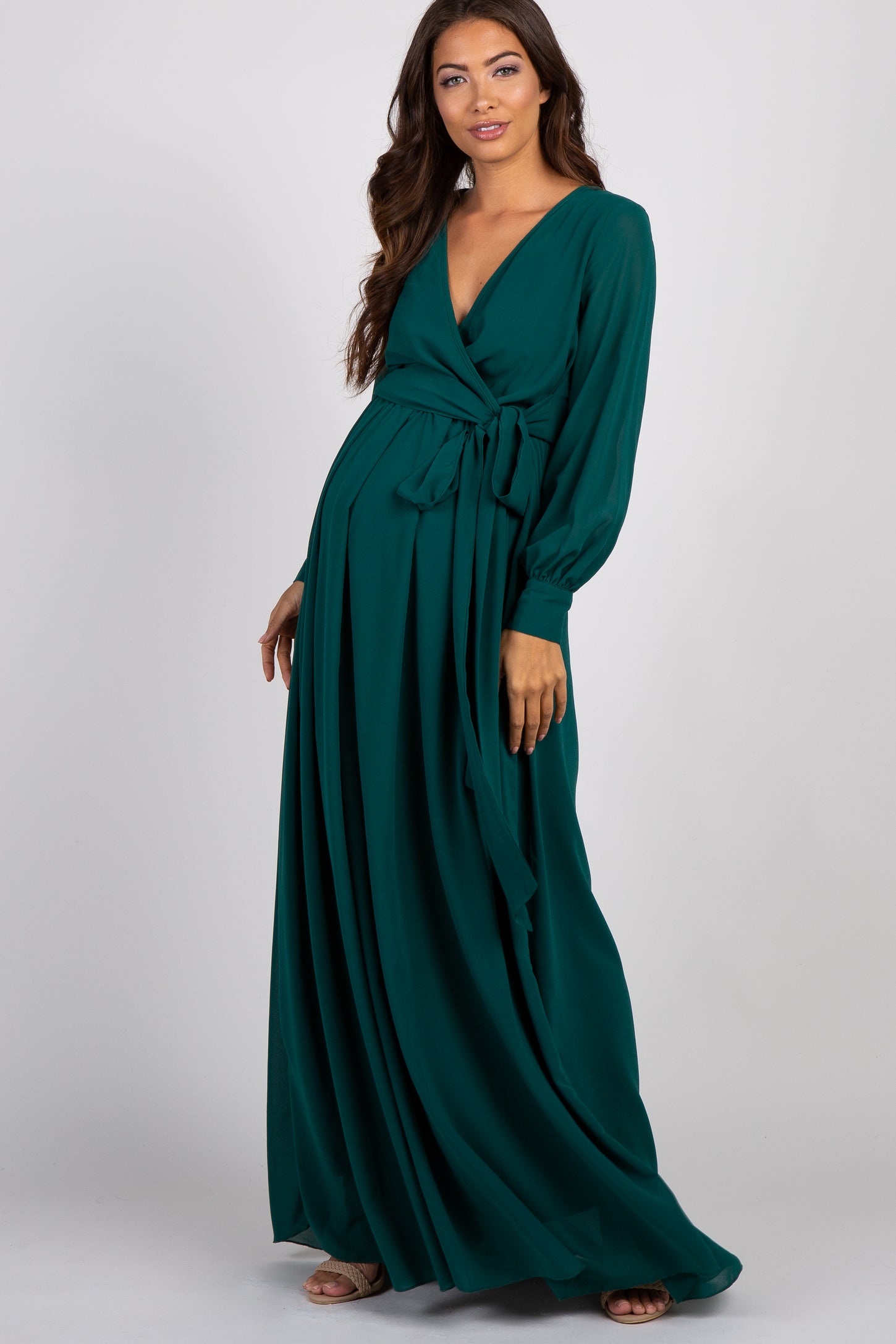 Green Chiffon Long Sleeve Pleated Maternity Maxi Dress– PinkBlush