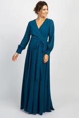 Teal Chiffon Long Sleeve Pleated Maternity Maxi Dress