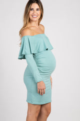 PinkBlush Mint Ruffle Trim Off Shoulder Fitted Maternity Dress