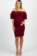 PinkBlush Burgundy Layered Ruffle Off Shoulder Fitted Maternity Dress