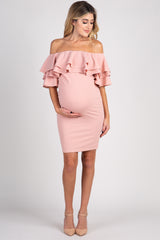 PinkBlush Mauve Layered Ruffle Off Shoulder Fitted Maternity Dress