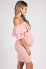 PinkBlush Mauve Layered Ruffle Off Shoulder Fitted Maternity Dress