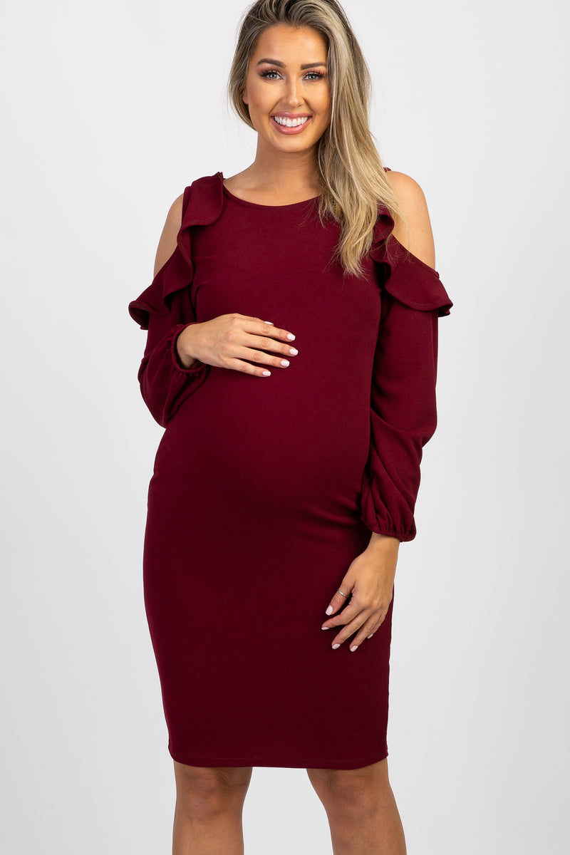 burgundy plus size maternity dress PinkBlush Burgundy Draped 3/4 Sleeve Maternity Maxi Dress main image 0