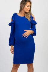 Royal Blue Ruffle Trim Puff Sleeve Maternity Dress