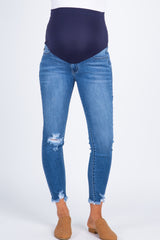 Blue Distressed Raw Hem Maternity Jeans