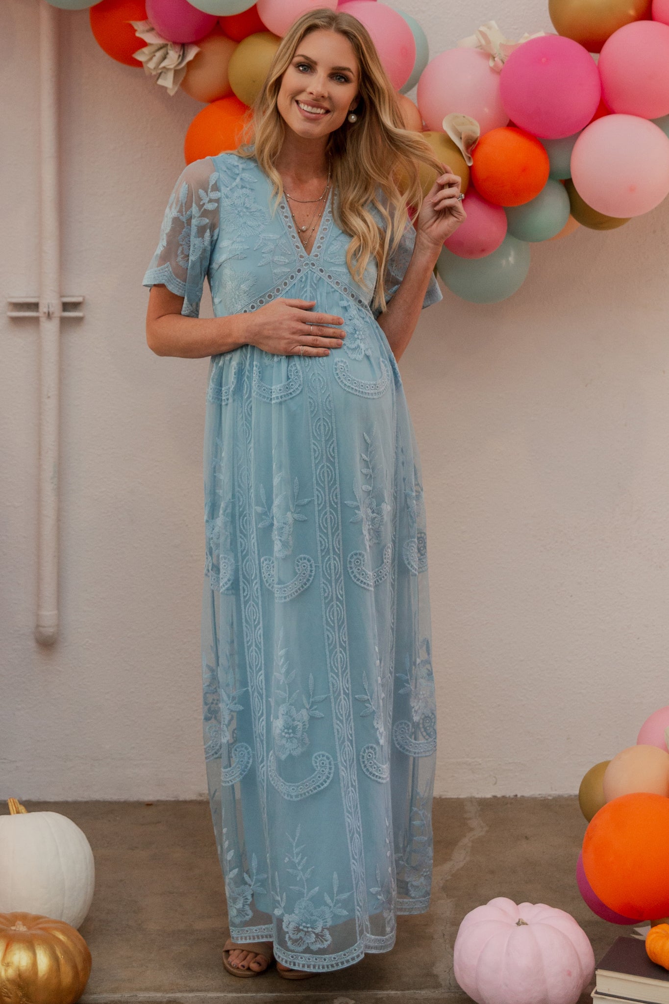 Light Blue Lace Mesh Overlay Maternity Maxi Dress