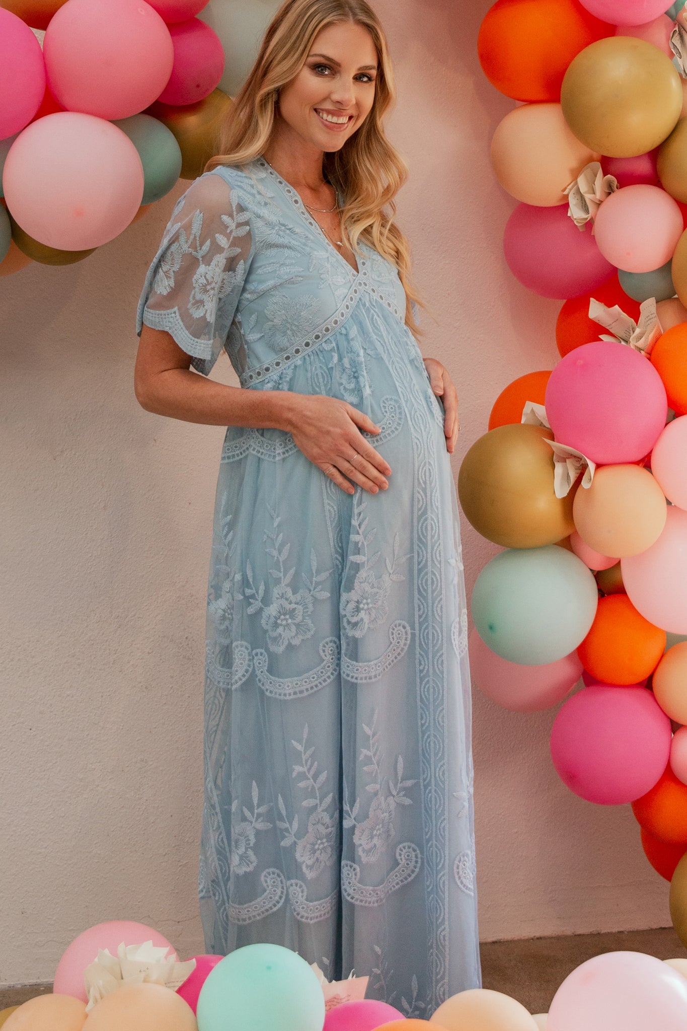 PinkBlush Light Blue Lace Mesh Overlay Maternity Maxi Dress PinkBlush Light Blue Lace Mesh Overlay Maternity Maxi Dress