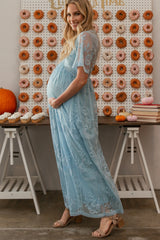 PinkBlush Light Blue Lace Mesh Overlay Maternity Maxi Dress
